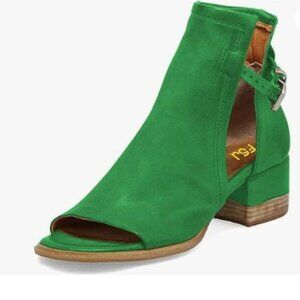 FSJ Women Peep Open Toe Sandals Boot Buckle Ankle Bootie Low Heeled Green